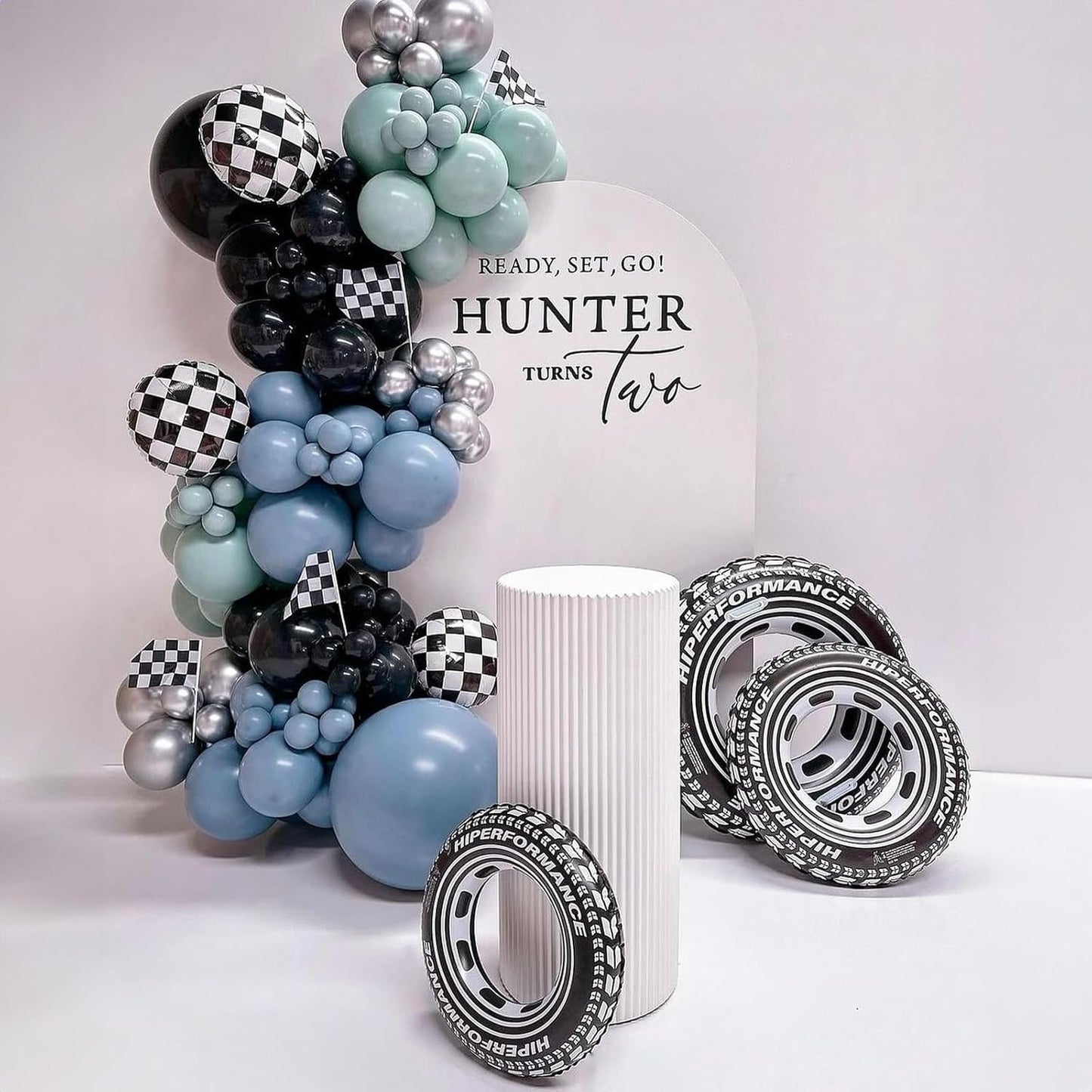 Dusty Blue and Black Balloons 60pcs 12 Inch Race Car Slate Light Pale Blue Green Black Metallic Silver Latex Helium Balloon for Boys Race Car Fast Birthday Safari Baby Shower Party Decorations