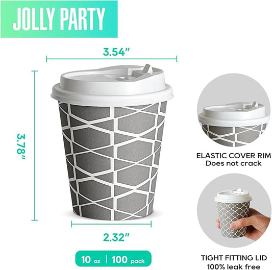 JOLLY PARTY Disposable Coffee Cups with Lids -10 oz (100 Sets) To Go Coffee Cups, Paper Cups for Beverages Espresso Tea, Suitable for Cafes, Offices and Home