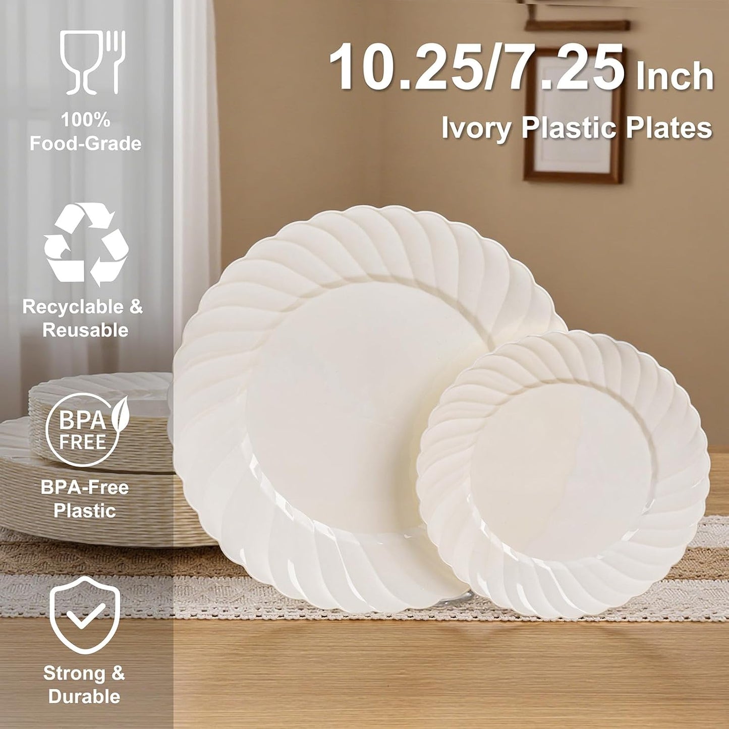 U-QE 60 Pcs Thanksgiving Plates Disposable – Ivory Scalloped Plastic Plates Heavy Duty & Elegant – Include 30 10.25" Dinner & 30 7.25" Dessert Plate for Party, Friendsgiving & Fall