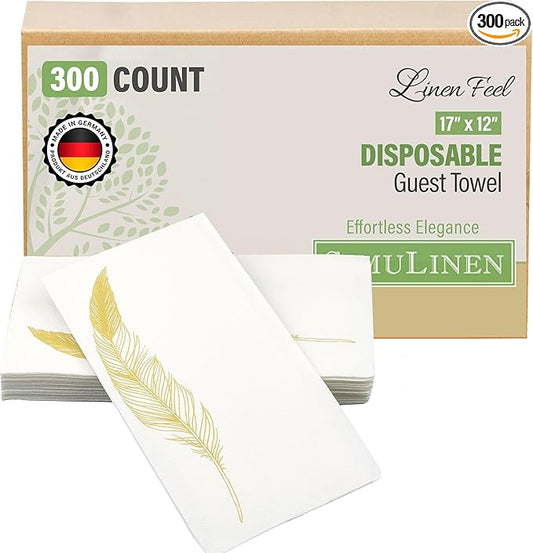 SimuLinen Decorative Gold Feather Design Paper Towels - Hand Towels for Bathroom - Cloth-Like, Linen-Feel for Guest Bathroom Essentials, Size: 12x17” (Pack of 300) Made in Germany
