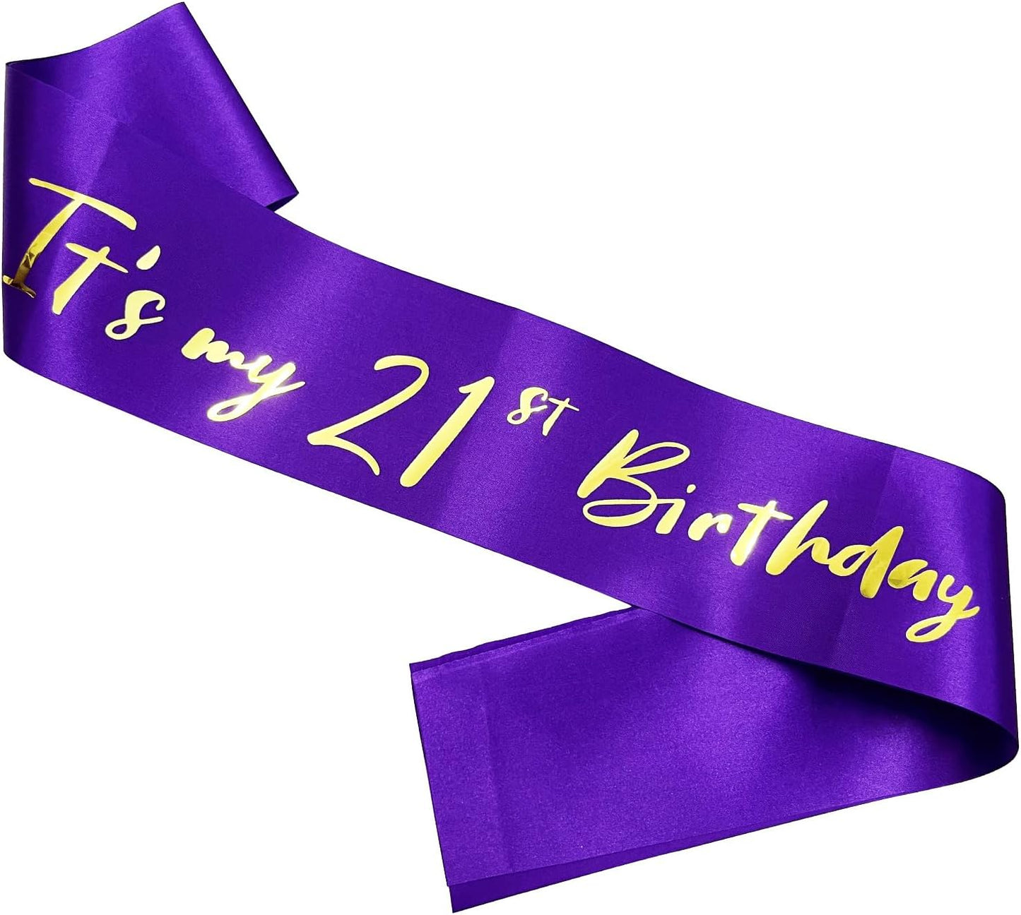 21st Birthday Sash, Purple Satin Soft Sashes with Gold Foil Letter, Birthday Decorations for Girls, Happy 21st Birthday Party Favor Supplies,Purple Gold