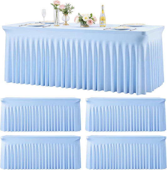 4 Pack 8ft Baby Blue Spandex Table Cloths for Rectangle Tables Wrinkle Free Rectangle Tablecloths, Stretch Fitted Table Cover with Skirt for Baby Shower Boy Birthday Party Wedding Banquet Buffet