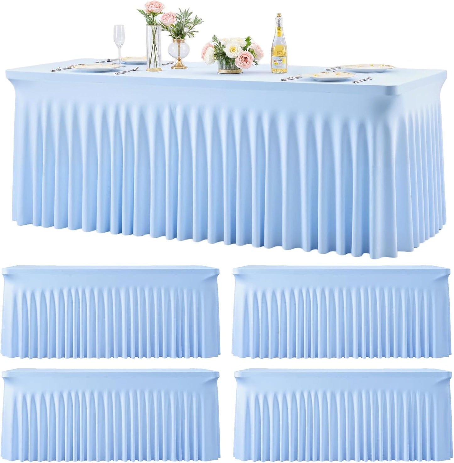 4 Pack 6ft Baby Blue Spandex Table Cloths for Rectangle Tables Wrinkle Free Rectangle Tablecloths Stretch Fitted 6 Foot Table Cover with Skirt for Baby Shower Boy Birthday Party Wedding Banquet Buffet