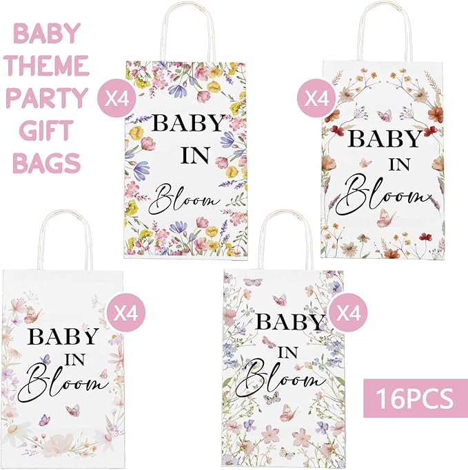 wjrsxilt 16Pcs Bloom Wildflower Gift Bag for Girls,Baby In Bloom Decorations，Gender Reveal Gift Bag，Boho Sweet Baby 1st Birthday Party Supplies, Floral Paper Gifts Bag with Handle 8.6 * 5 * 3.7inch