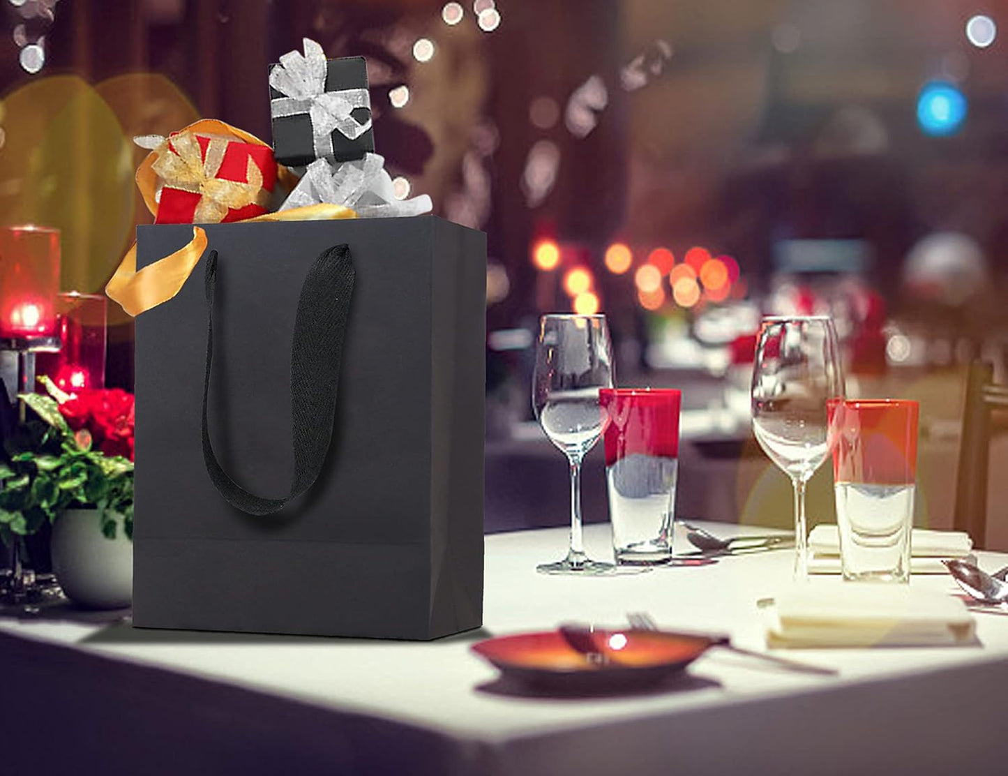 HUAPRINT 30 Pack Black Gift Bags with Ribbon Handles,10x4.5x11 inch Paper Bag Bulk for Shopping Party Favor Merchandise Business Wedding