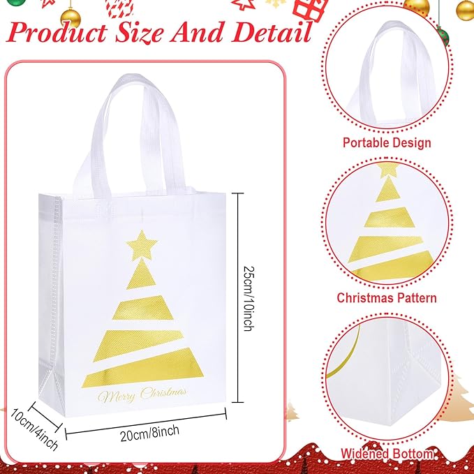 Wesnoy 48 Pcs Christmas Gift Bags Bulk 10 x 8 x 4 Inch White Gold Metallic Goodies Bags Reusable Non Woven Christmas Party Favors Candy Treat Totes with Handle for Holiday Gift Birthday Party Supplies