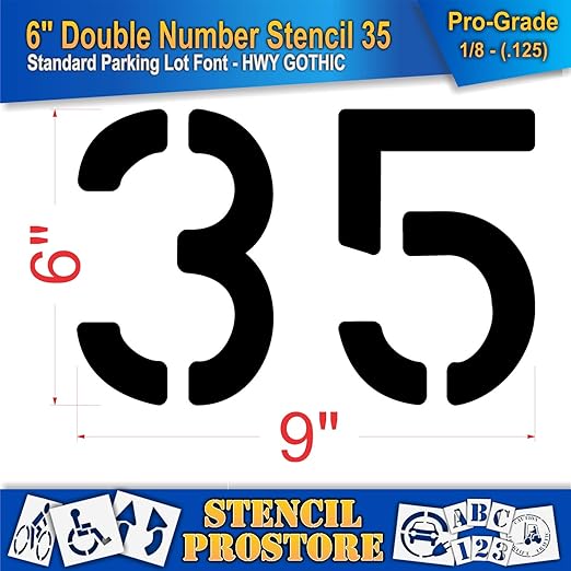Pavement, Curb, and WheelStop Stencils - 6 inch Double Number Stencil - (35) - 6" x 9" x 1/8" (128 mil) - Pro-Grade