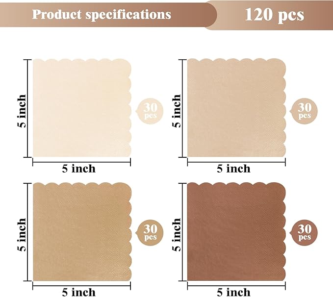 120PCS Gradient Brown Cocktail Party Napkins,Gradient Brown Scalloped Beverage Dessert Paper Napkin for Birthday Wedding