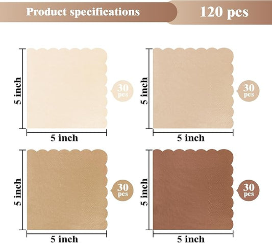 120PCS Gradient Brown Cocktail Party Napkins,Gradient Brown Scalloped Beverage Dessert Paper Napkin for Birthday Wedding