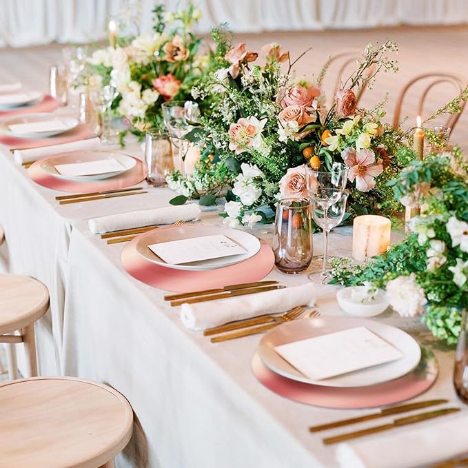 KesaPlan 100PCS Round Rose Gold Placemats, 13" Disposable Paper Placemats for Dining Table, Mirrored Rose Gold Charger Place Mat for Kitchen Banquet Table Setting Wedding Birthday Dinner Party Decor