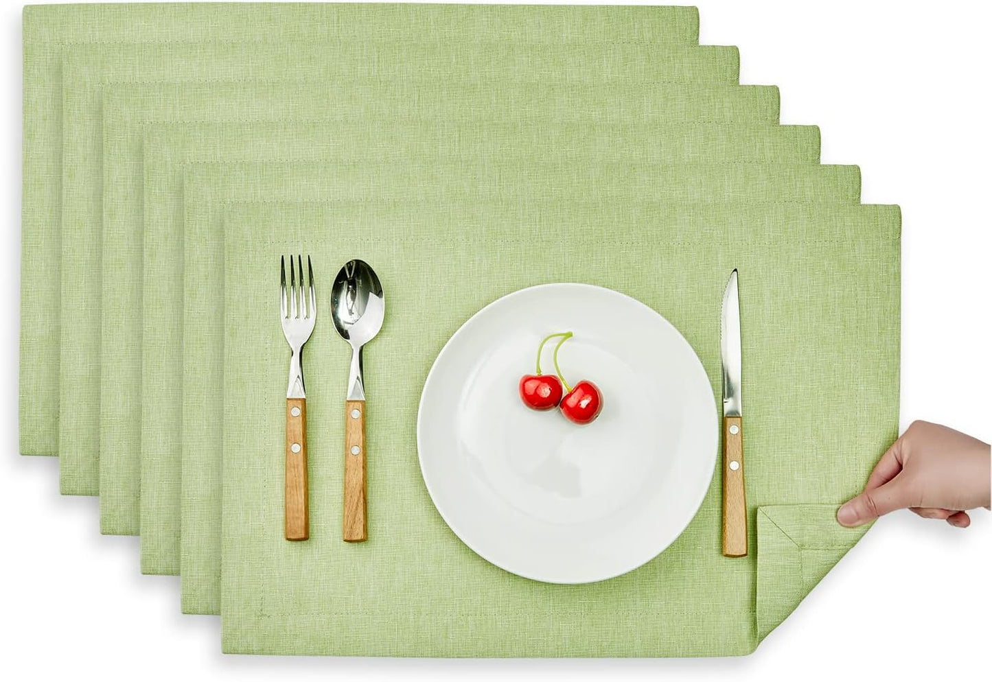 Mebakuk Cloth Placemats, Machine Washable Linen Style Thick Place Mats, Heat Resistant and Easy to Clean Fabric Table Mats for Kitchen Dining Table (Mint Green, Set of 6)