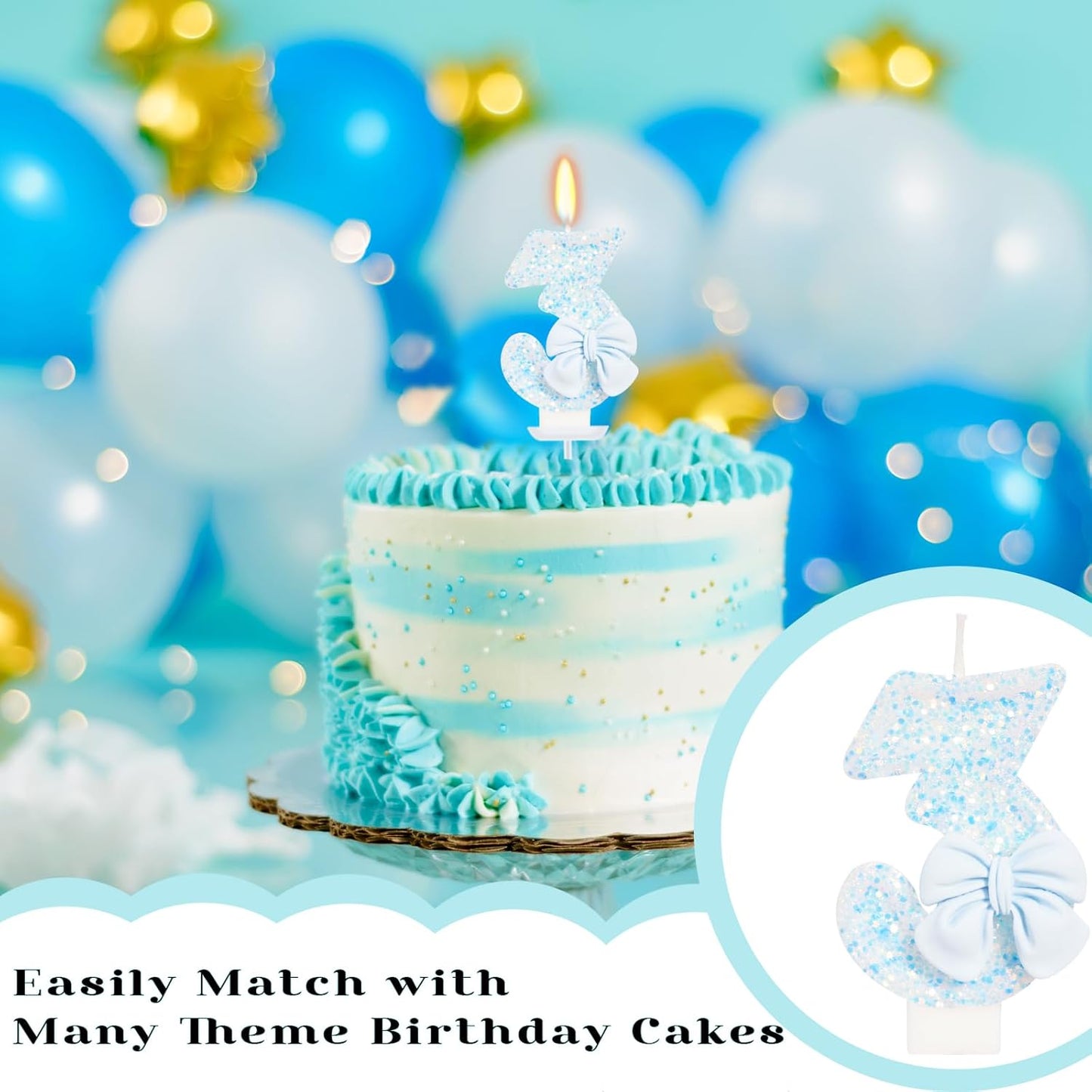 Birthday Candle for Cake, Blue Bow Number Candles, 2.76 inch Number, Cake Topper Decoration for Birthday Party (Number 3)