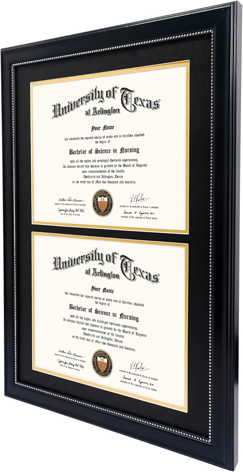 GraduationMall 14x20 Double Diploma Frame, Display 8.5x11 Certificate with Black over Gold Mat,UV Protection Acrylic,Black with Silver Beads