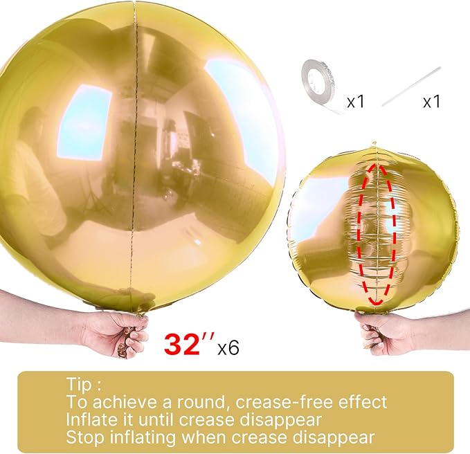 PartyWoo Metallic Gold Foil Balloons 6pcs 32 Inch Large Round Foil Big Giant 4D Jumbo Inflatable Mirror Ball Mylar Balloons for Graduation Birthday Baby Shower Anniversary Tea Party Decorations