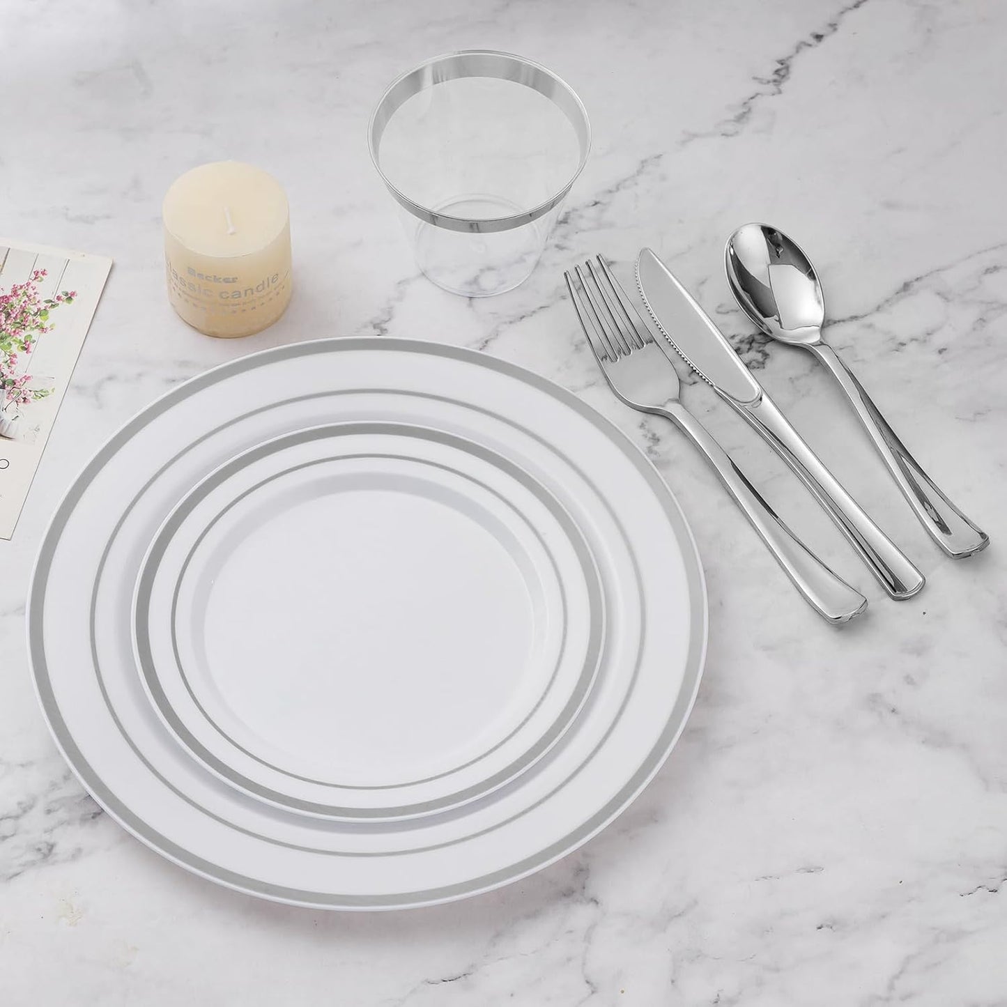 BESTVIP 300PCS Plastic Dinnerware Set (50 Guests), Silver Disposable Plates for Party, Wedding, Christmas, Anniversary, Includes: Dinner Plates, Dessert Plates, Cups, Spoons, Forks and Knives