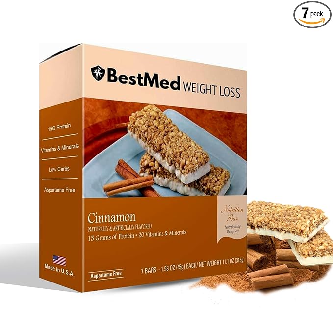 BestMed - High Protein Nutrition Bar - Low-Carb, 15g Protein, Low Sugar, Low Calorie, Meal Replacement Bar (Cinnamon, 1 Box - 7 Count)