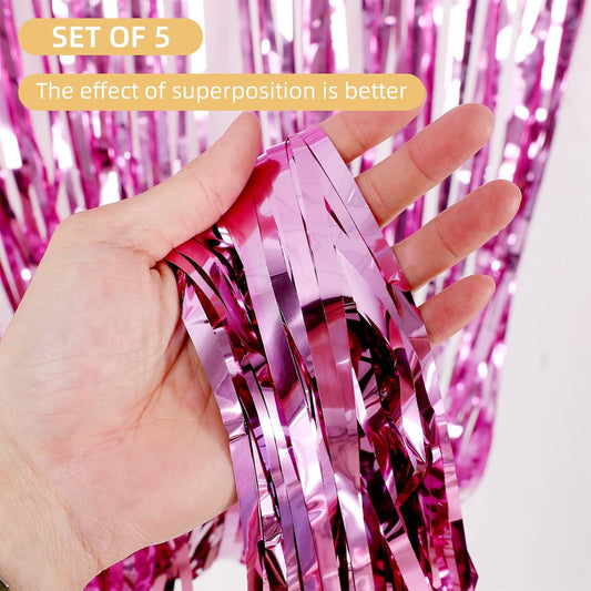 5 Pack Pink Foil Curtain Backdrop 3.2ft x 9.8ft Metallic Tinsel Foil Fringe Curtains Streamer Photo Booth Backdrop for Birthday Party Engagement Bachelorette Party Decorations (Pink)