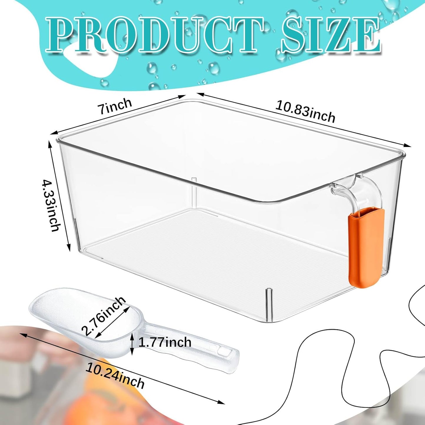 Havawish 2 Set Ice Bin and Flexible Scoop Set Plastic Freezer Ice Bin with Pull out Handle Clear Storage Bucket for Container with Bucket Scoop(Orange,10.83 x 7 x 4.33 in)