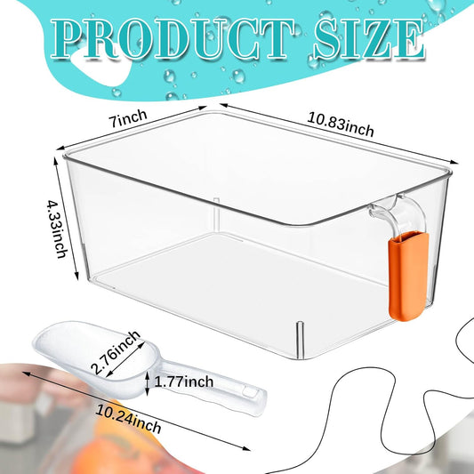 Havawish 2 Set Ice Bin and Flexible Scoop Set Plastic Freezer Ice Bin with Pull out Handle Clear Storage Bucket for Container with Bucket Scoop(Orange,10.83 x 7 x 4.33 in)