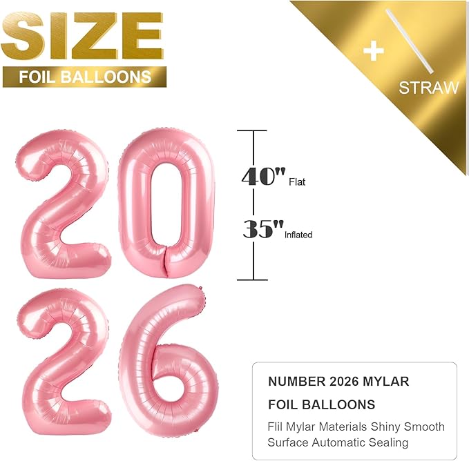2026 Number Balloons, 40 Inch Balloon, New Years Eve Decorations, Pearl Pink Balloons for New Years Eve Party Supplies 2026, Graduation Decoration, 2 6 20 26 Birthday Parties