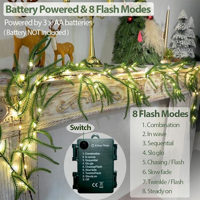 2025 New Christmas Norfolk Garland Lights 6.56FT Pine Garlands 96 LED 8 Flash Modes Battery Operated Xmas Garland Lights with Timer Lighted Christmas Decorations for Mantle Fireplace Door Home Holiday
