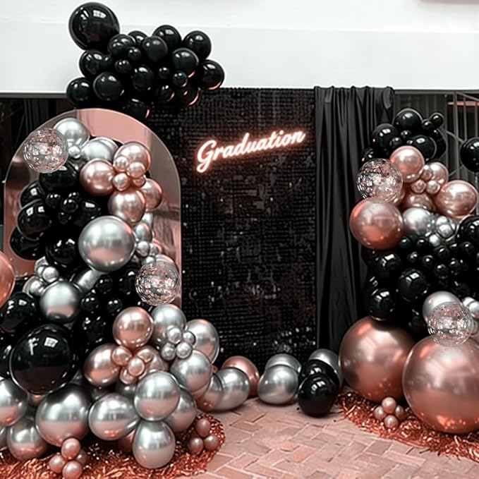 Black Gold and Silver Balloon Garland Arch Kit, 167Pcs Latex Balloons Different Sizes 18 12 10 5 inch for Graduation Birthday New Year Retirement Wedding Party Decorations