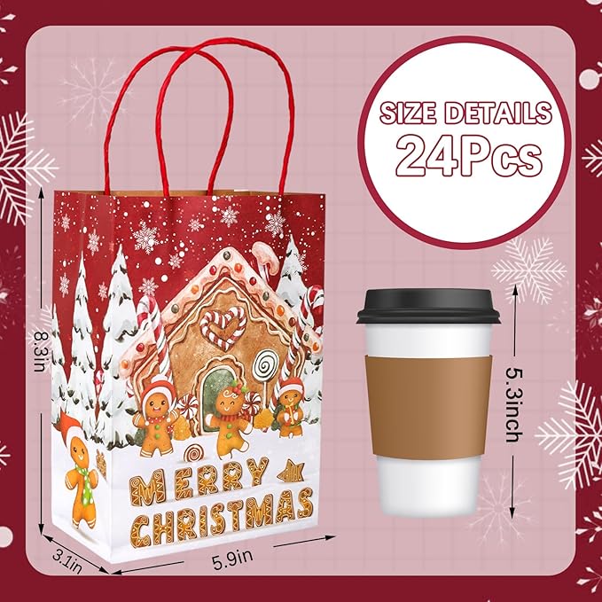 JarThenaAMCS 24Pcs Christmas Gingerbread Paper Gift Bags Merry Christmas Treat Bags with Handles Winter Snowy Candy Goodie Bag Grocery Bag for Xmas Party Supplies