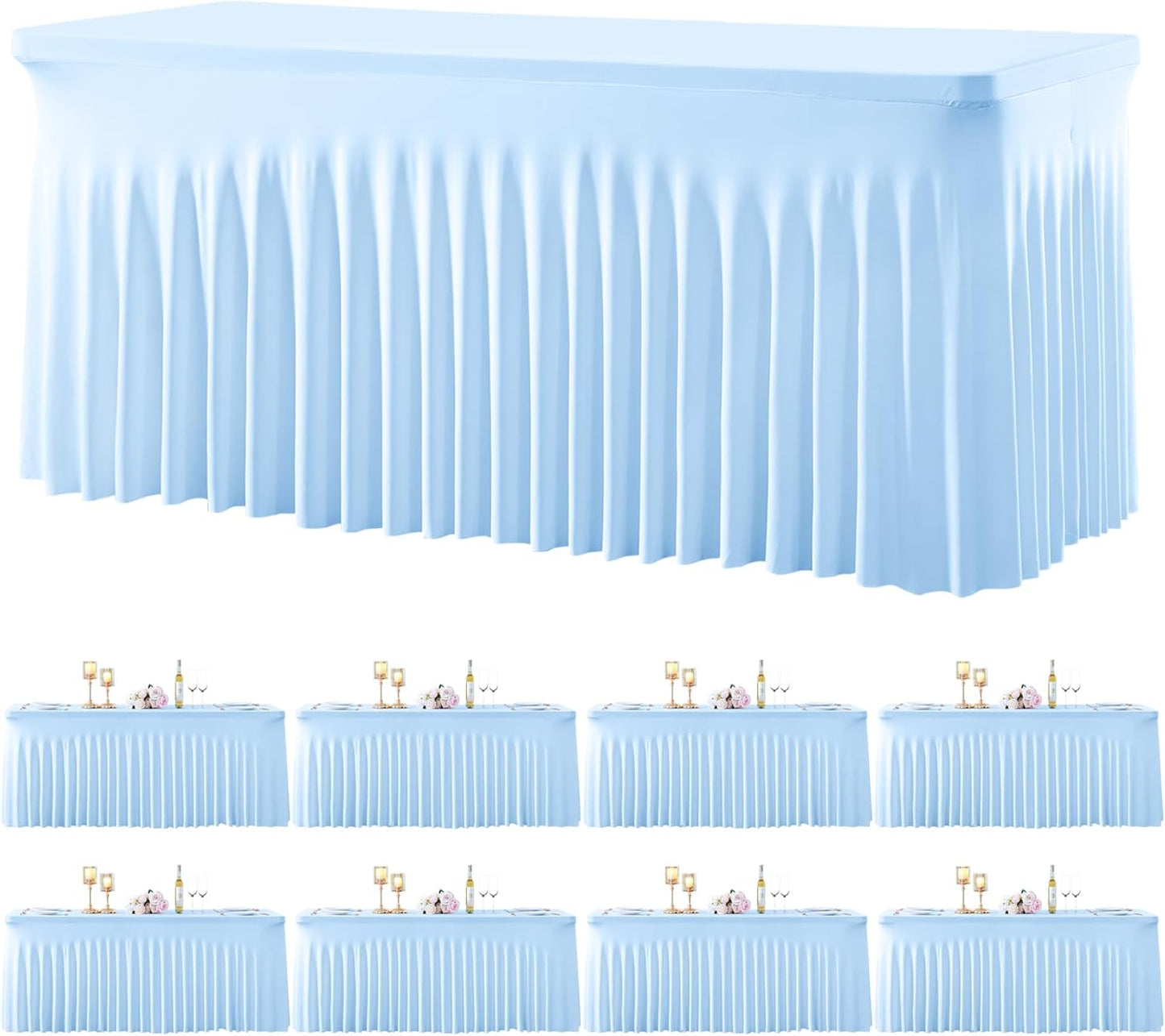 8 Pack Spandex Baby Blue Fitted Table Cloth for 6ft Rectangle Tables Baby Blue Stretch Tablecloth Table Covers Skirt Banquet Wrinkle Free Tablecloths for Parties Wedding
