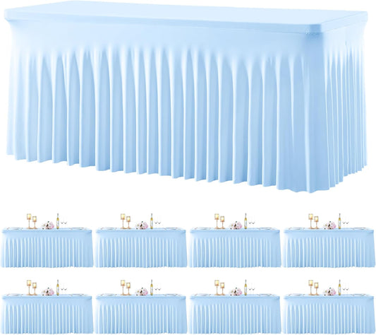 8 Pack Spandex Baby Blue Fitted Table Cloth for 6ft Rectangle Tables Baby Blue Stretch Tablecloth Table Covers Skirt Banquet Wrinkle Free Tablecloths for Parties Wedding