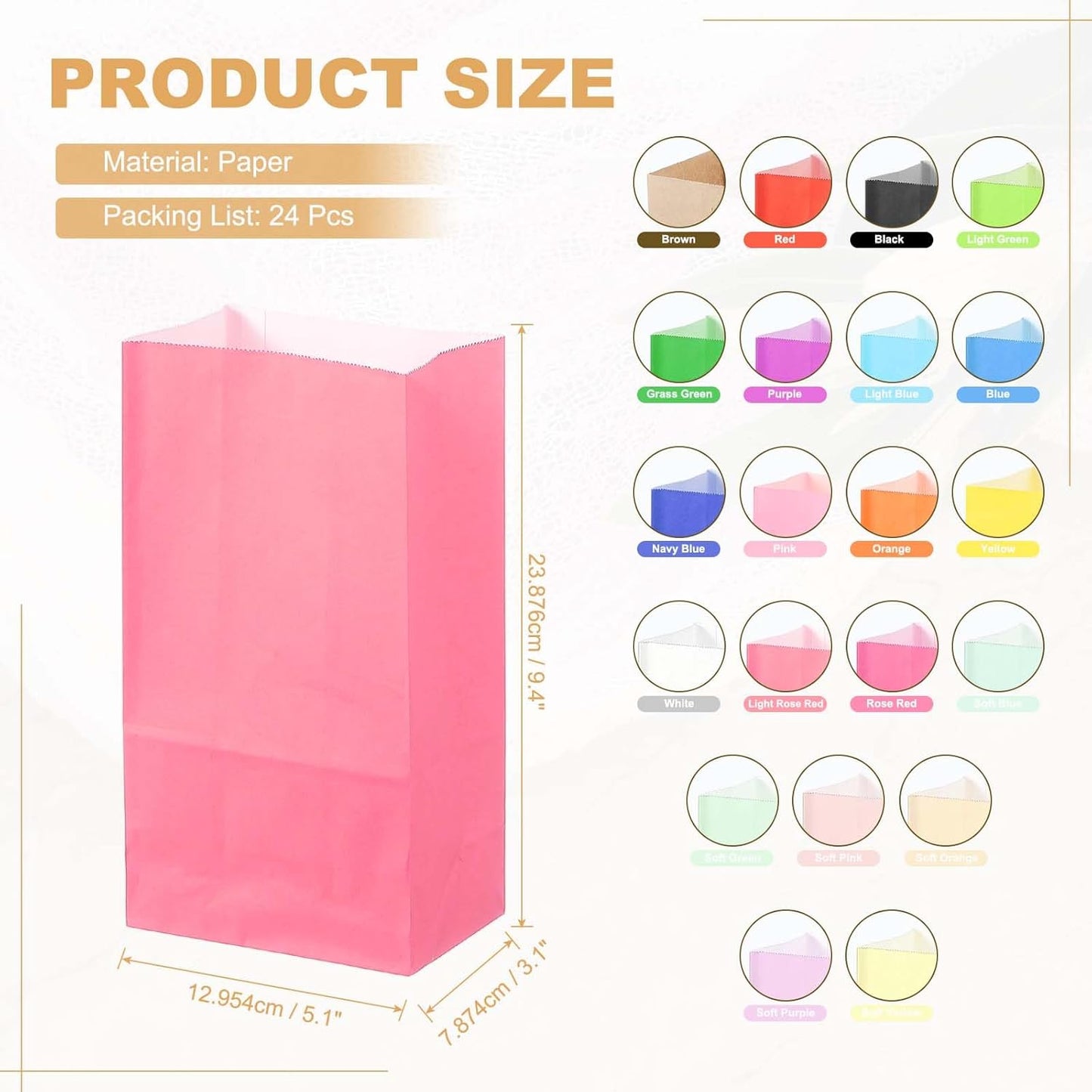 PATIKIL Party Favor Bag, 24 Pcs 5.1x3.1x9.4 Inch Medium Paper Candy Bags Gift Treat Celebration Halloween Goody Birthday Wedding Party with Stickers, Light Rose Red