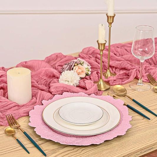 Pesonlook 24Pcs Pink Charger Plates Round 13inch, Reef Plate Chargers for Dinner, Bulk Plastic Floral Table Charger Plates for Dinner Wedding Party Event Table Setting Decoration(Pink)