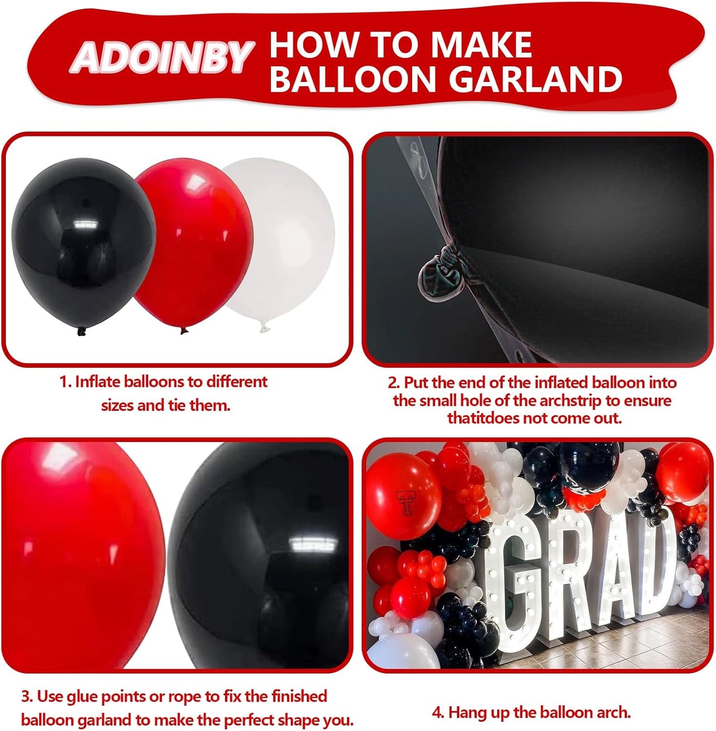 Red Black and White Balloon Arch Kit, ADOINBY 140Pcs Red and Black White Silver Garland kit, 18 12 10 5 Inch Different Size Balloons for Birthday Party Anniversary Racing Car New Year Prom Decorations