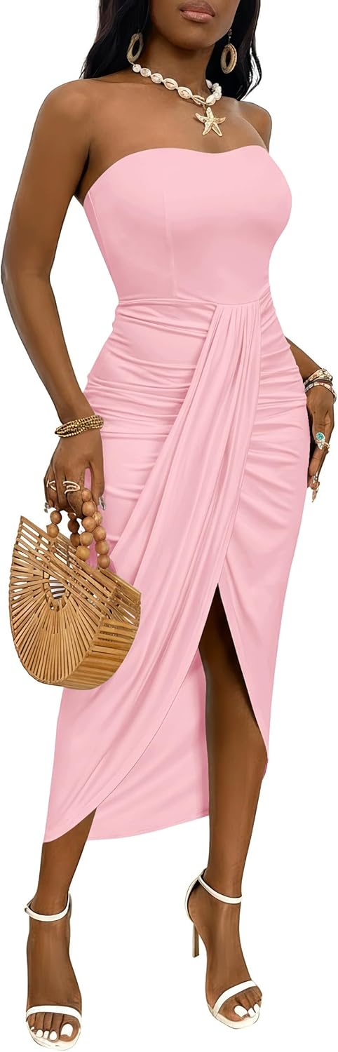 Umenlele Women's Strapless Ruched High Waist Wrap Split Asymmetrical Beach Maxi Long Dress