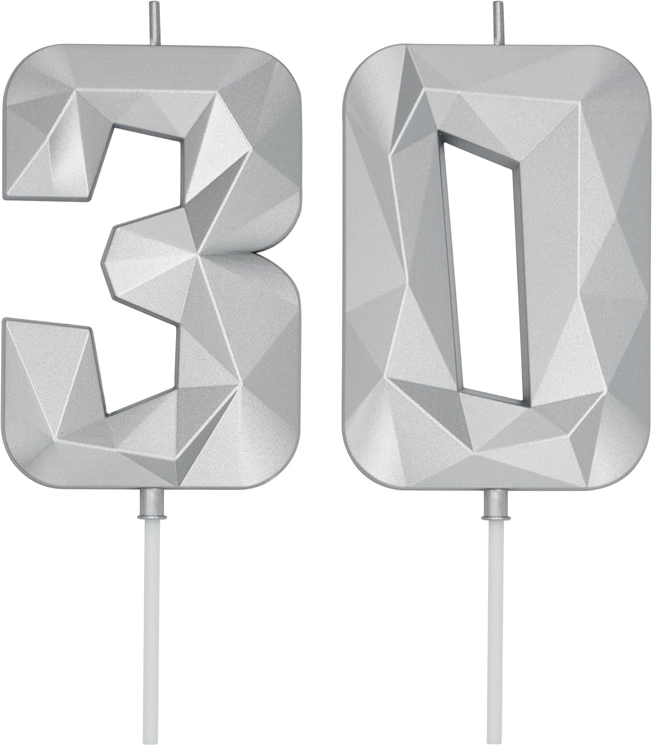DERVENTA Birthday Candle Big Number 3D Silver 3.7 inch Party Celebration Anniversary Decoration Cake Topper 1 Piece (Number 30 Silver)