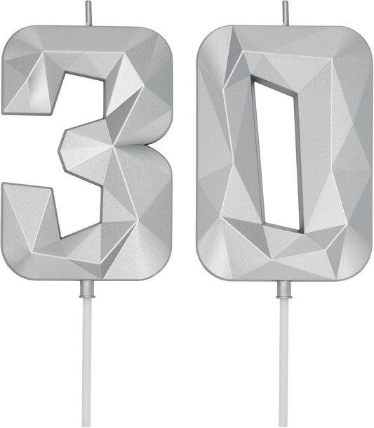 DERVENTA Birthday Candle Big Number 3D Silver 3.7 inch Party Celebration Anniversary Decoration Cake Topper 1 Piece (Number 30 Silver)