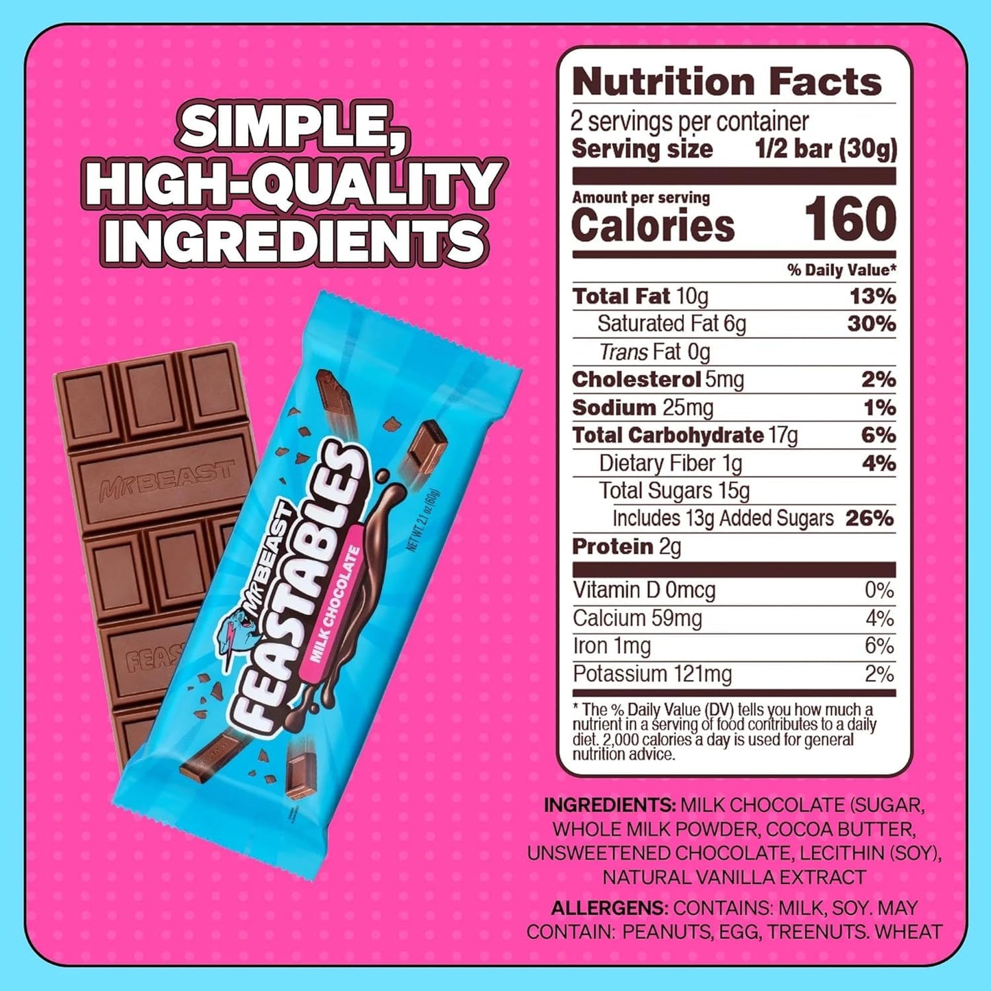 Feastables MrBeast Combo Pack, King Size Milk Chocolate & Milk Crunch Bars, 10 Each, Candy Bars for Adults & Kids, Candy Bar for Snacks, Gifts, or Dessert, Fairtrade Cocoa, 2.1 Oz Each, 20 Count