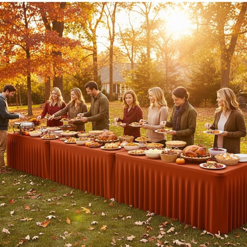 HolidayIdeas 2 Pack Spandex Tablecloths for 8 Foot Table, Fitted Stretch Table Skirts 30x96 Inch, Wrinkle-Free Floor Length Tablecloths for Thanksgiving Decor, Banquets Events,Rust