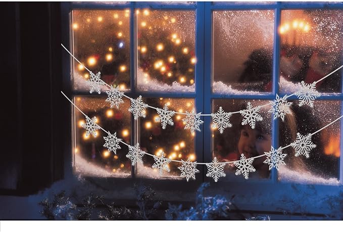 2 Pcs Silver Glitter Snowflake Banner，Snowflake Winter Party Decorations， Snowflake Garland Christmas Party Decorations (Silver)