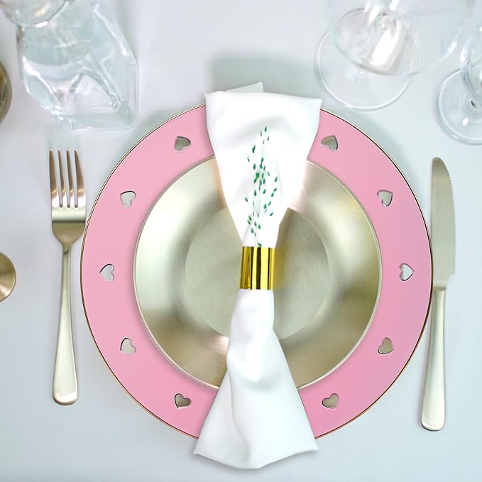 13" Round Pink Charger Plates, Heart Hollow Chargers for Dinner Plates with Golden Border, Formal Table Setting Accessory Centerpiece Bluk Wedding, Valentine's Day, Galentine's Day, Easter, Set of 6