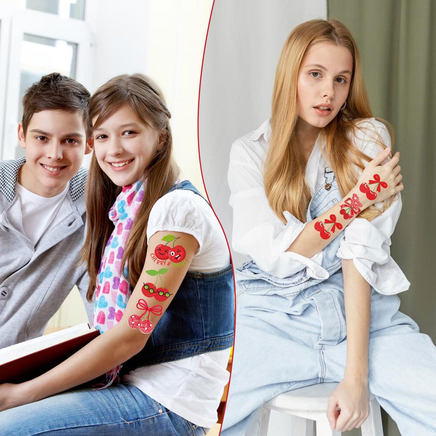 Cherry Temporary Tattoos Stickers - 200+ Cherry Birthday Decorations Cute Red Cherries Fake Tattoo Gifts for Kids Girls Funny Fruit Themed Party Favors Supplies Women Men Prizes Rewards