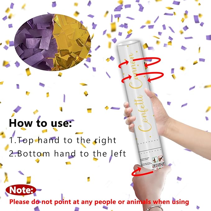 12" Purple & Gold Confetti Cannons - Party Poppers for Birthday Graduation Wedding Celebrations - Easy to Use - Pack of 6