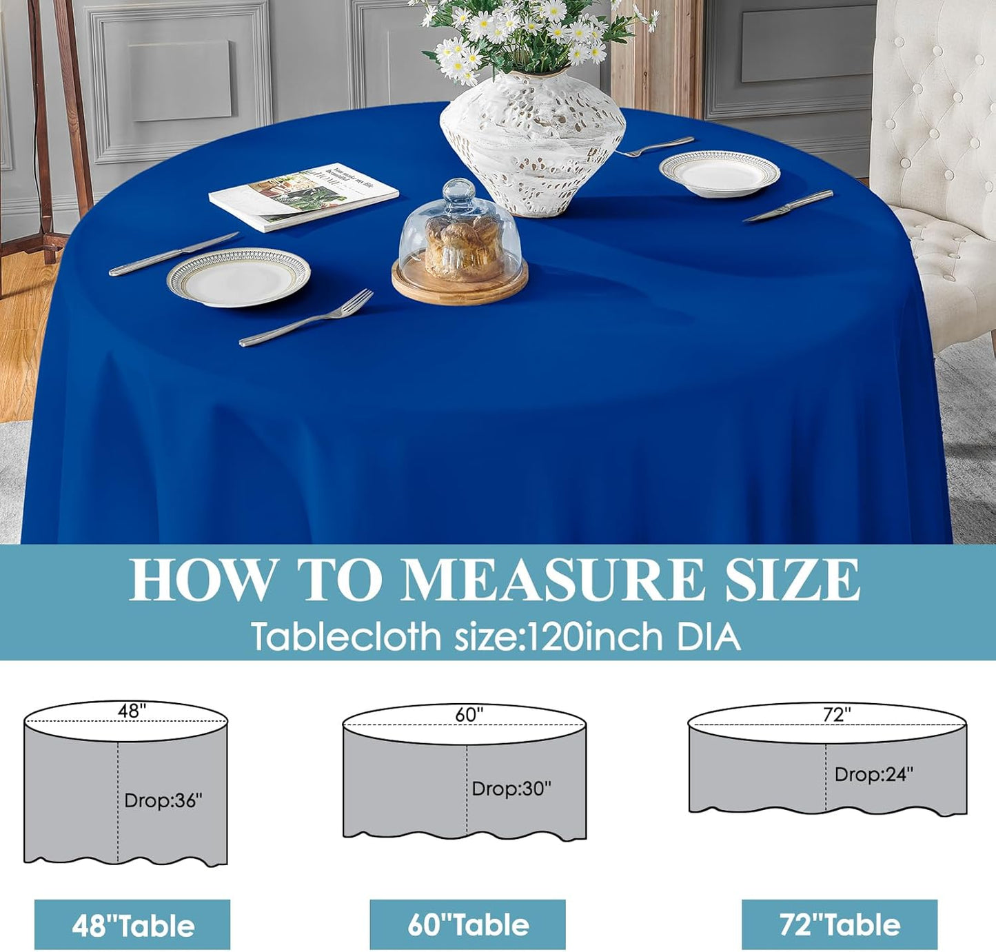 VidaFete Tablecloth 6 Pack 120inch Round Table Cloth Polyester, Stain Wrinkle Resistant Polyester Dining Table Cover for Kitchen Dinning Party Wedding Round Tabletop Buffet Decoration(Royal Blue)