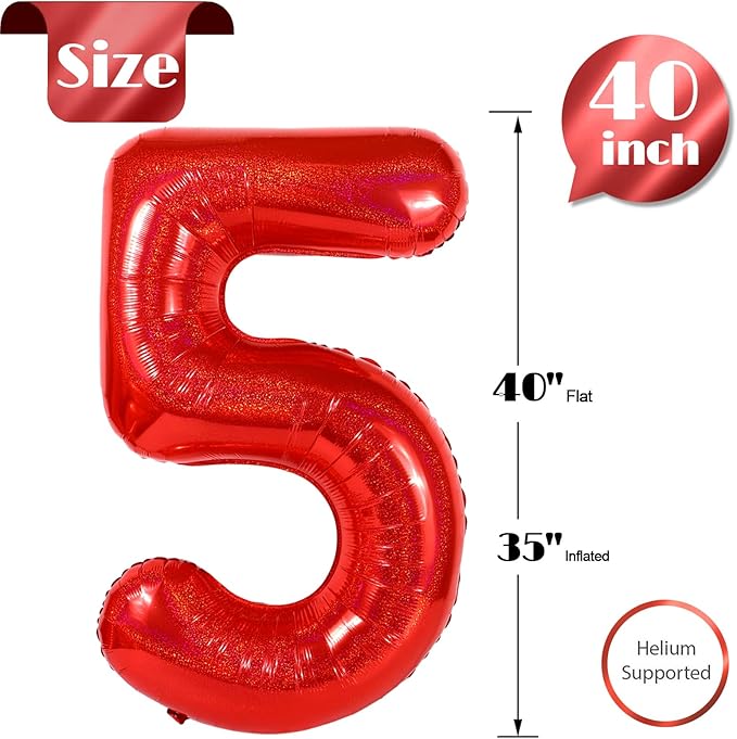 Laser Red 5 Balloon, Number Balloons 40 Inch, 5th Birthday Balloon Decorations, Laser Red Party Supplies, 5 Number Balloons, Number 5 Balloon