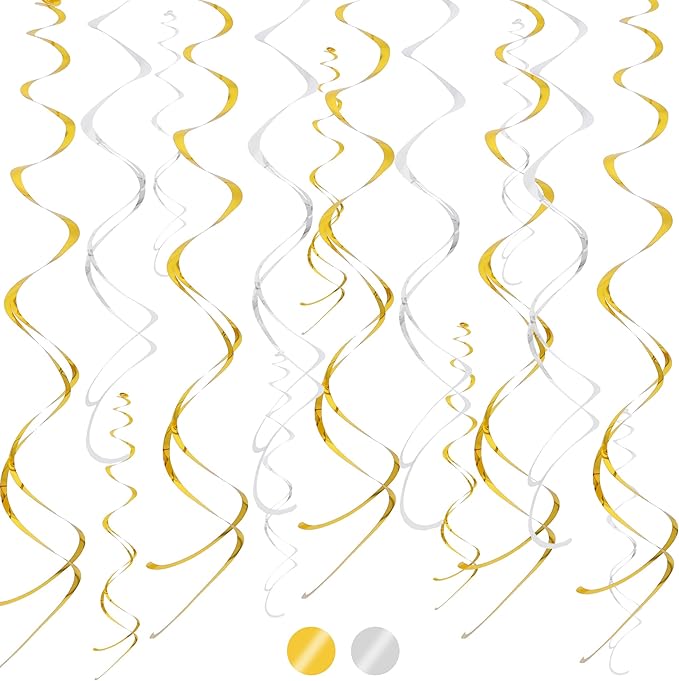 BEISHIDA Gold Silver Hanging Swirls Party Decorations Plastic Streamer for Ceiling, Wedding Graduation Birthday Bachelorette Hanging Party Supplies, Pack of 20