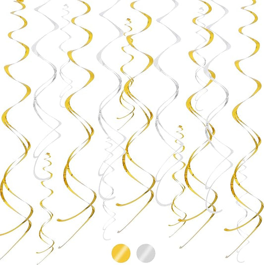 BEISHIDA Gold Silver Hanging Swirls Party Decorations Plastic Streamer for Ceiling, Wedding Graduation Birthday Bachelorette Hanging Party Supplies, Pack of 20