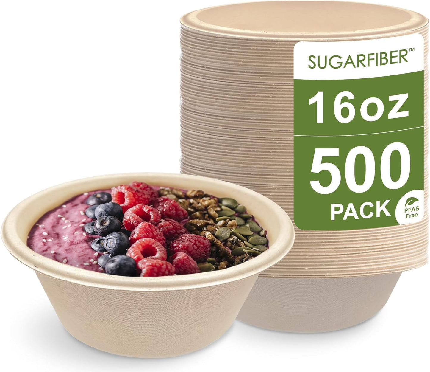 [500 Count]Harvest Pack 16oz PFAS FREE Round Paper Bowls Bulk, Compostable Heavy-Duty Eco-Friendly Disposable Bagasse Acai Bowls, Sugarcane Natural plant fibers for Meal Prep Takeout Dinnerware