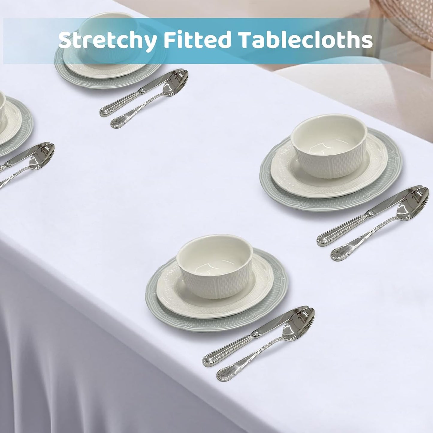 Table Skirts for 8ft Rectangle Tables - 2PCS White Table Covers for 8 Foot Tables, Wrinkle Resistant Ruffles Elastic Table Cloths and Table Skirt for Banquets/Weddings/Parties/Birthday
