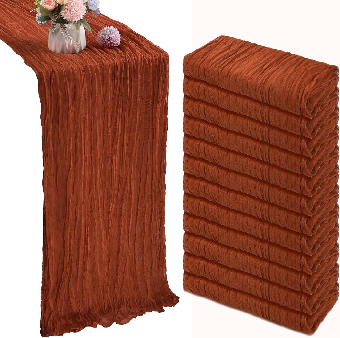 12 Pack 10FT Terracotta Cheesecloth Table Runner 35x120 Inch Gauze Rustic Boho Burnt Orange Fall Table Runner Cheese Cloth for Wedding Decor Birthday Party Bridal Baby Shower Centerpiece Decoration