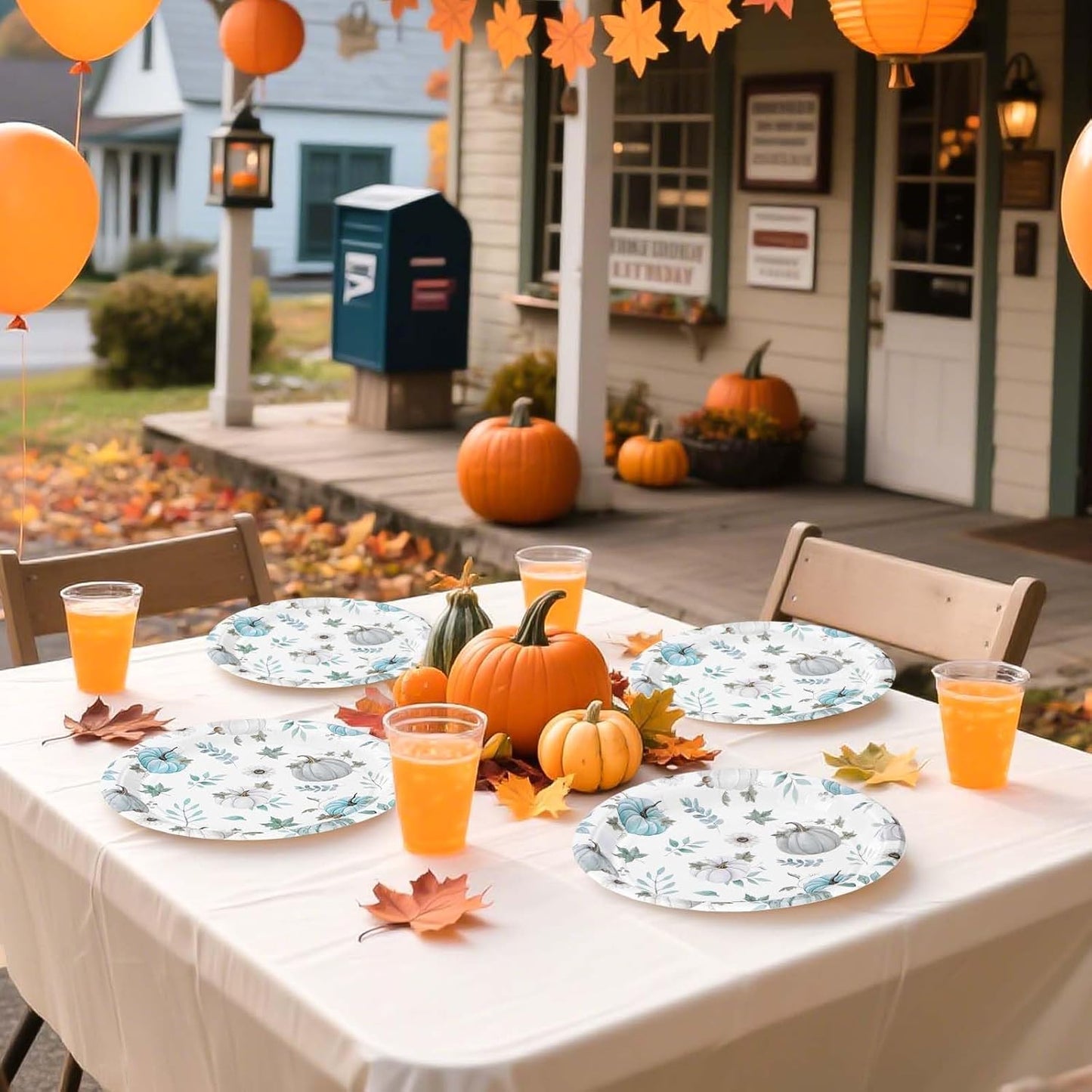 Grencian 50Pcs Fall Blue Pumpkin Plates 9” Heavy Duty Thanksgiving Disposable Paper Plates Blue and White Pumpkin Desert Platters for Thanksgiving Harvest Fall Party Decorations