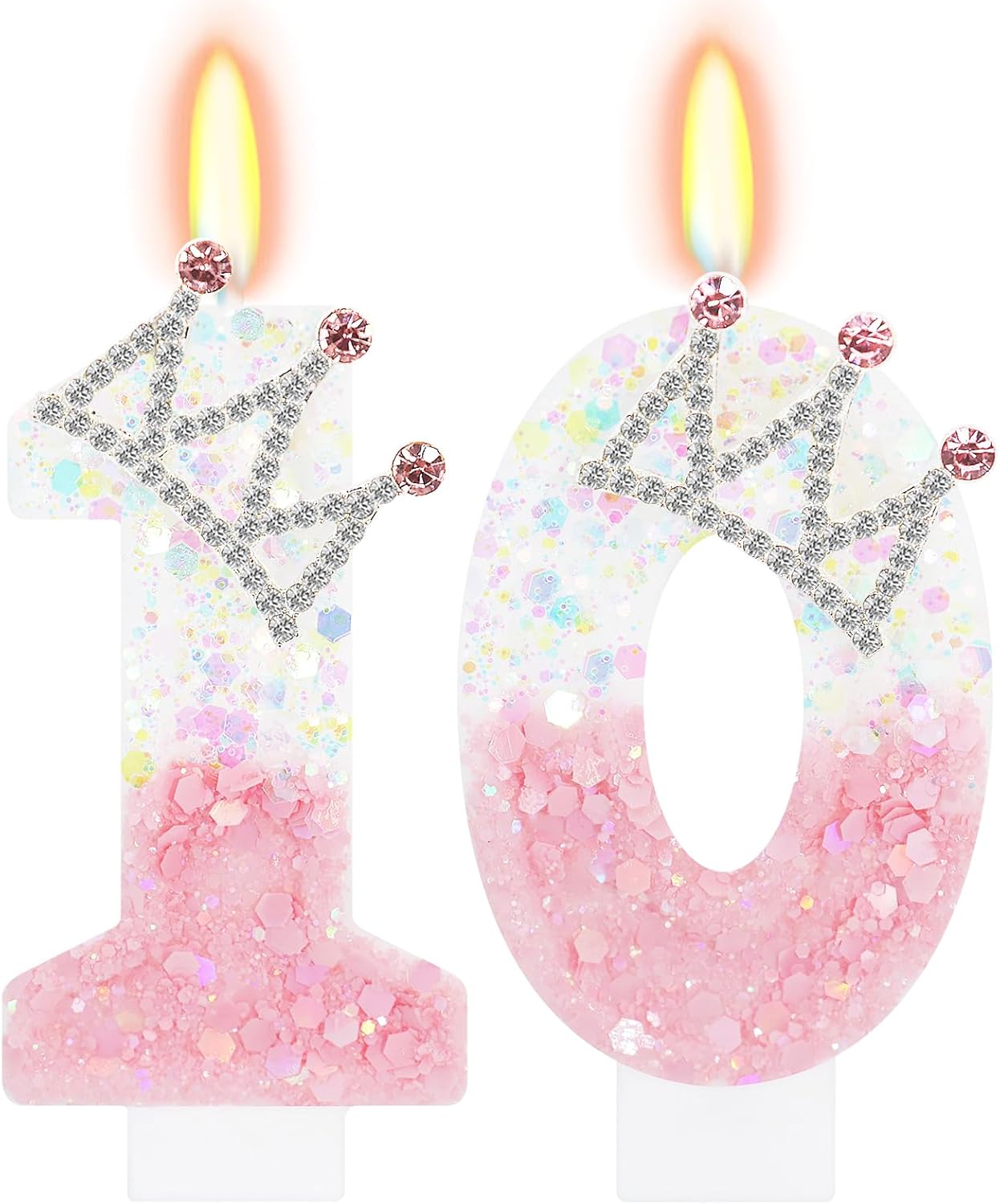 Pink White Number 10 Candle, Glitter Crown Cake Topper, Princess Birthday Party Decorations for Girls and Women Anniversary Celebrations Party Favors